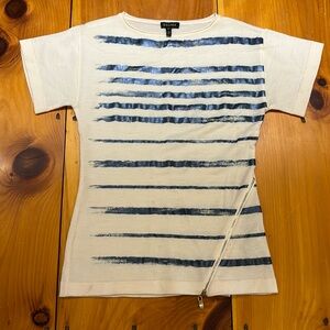 ESCADA XS Cream Wool Blouse w/Blue Shimmer Gold Asymmetrical Zip Top